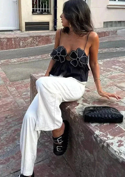 Women’s Sleeveless Crop Top with Floral Appliqués and Thin Straps - 10