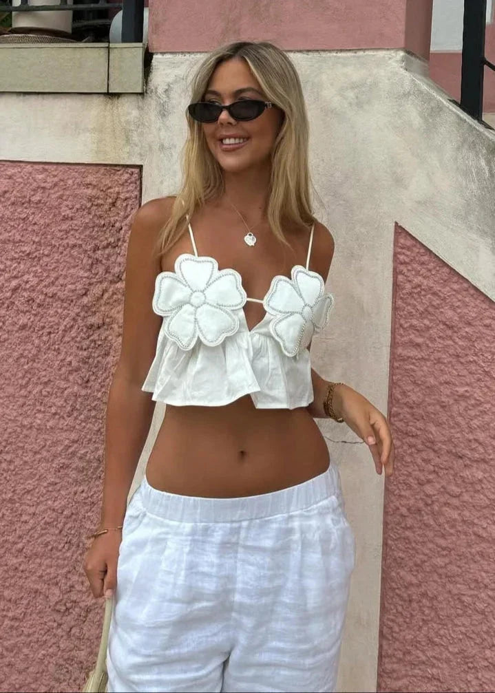 Femme Crop Top sans Manches à Appliques Florales et Bretelles Fines