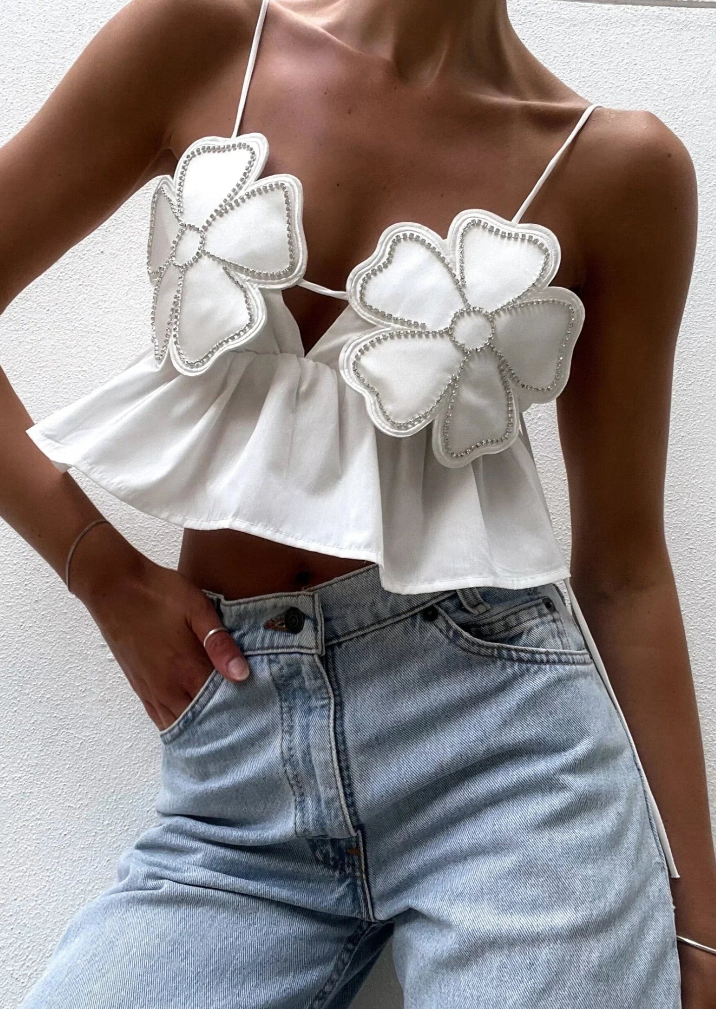 Femme Crop Top sans Manches à Appliques Florales et Bretelles Fines