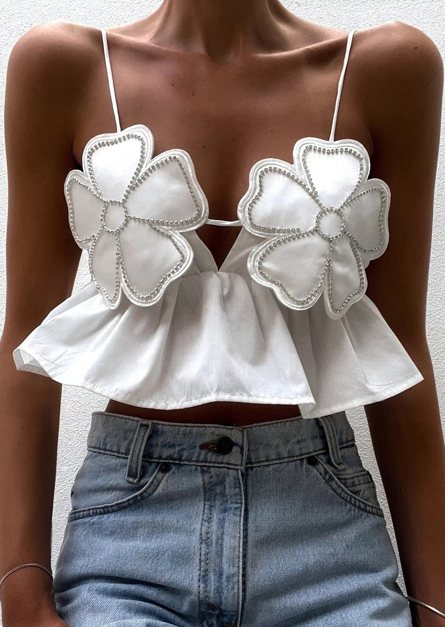 Femme Crop Top sans Manches à Appliques Florales et Bretelles Fines
