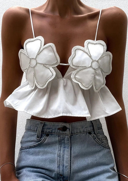 Women’s Sleeveless Crop Top with Floral Appliqués and Thin Straps - 5