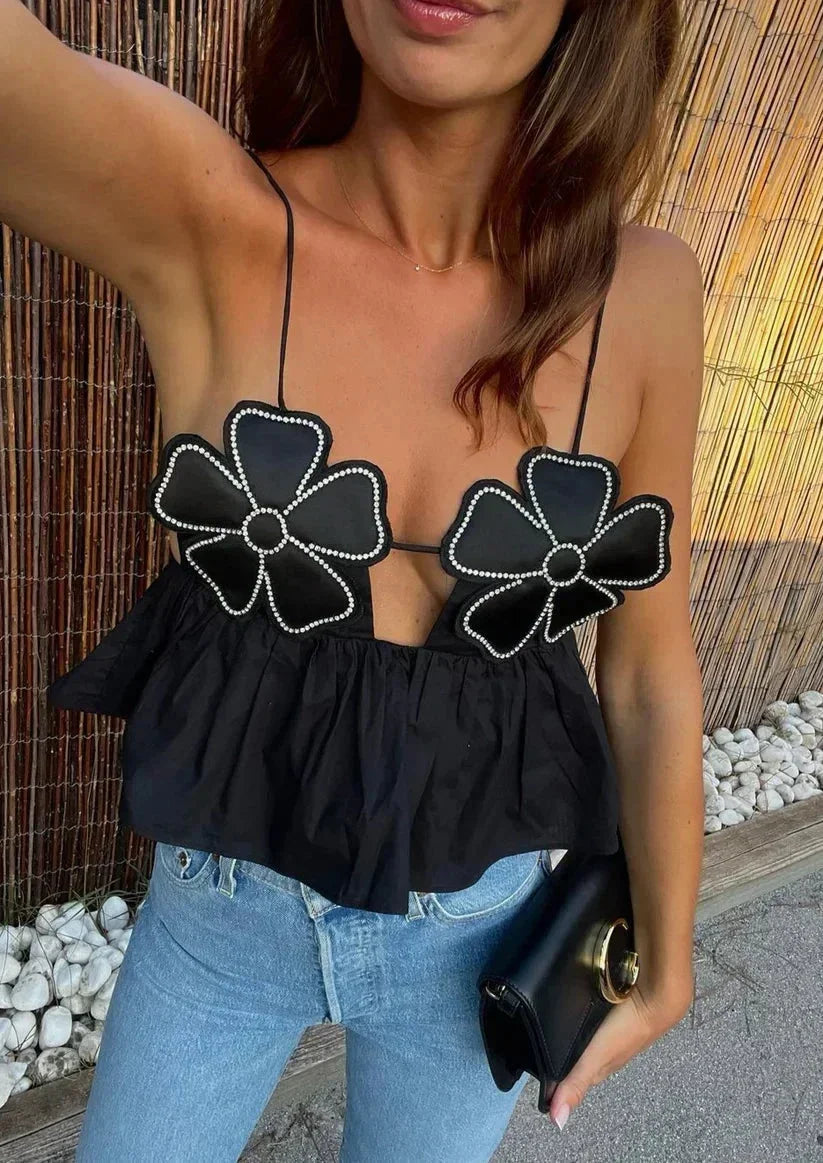 Femme Crop Top sans Manches à Appliques Florales et Bretelles Fines