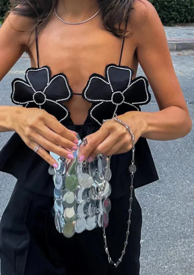 Femme Crop Top sans Manches à Appliques Florales et Bretelles Fines