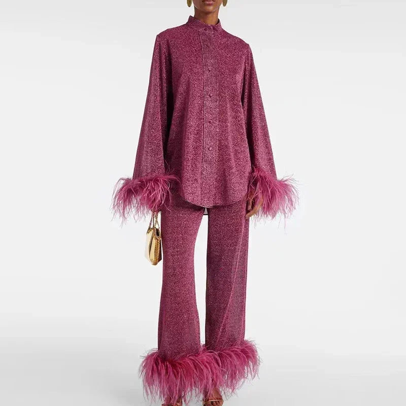 Femme Ensemble Deux Pièces Chemise Manches Longues et Pantalon Large avec Bordure de Plumes