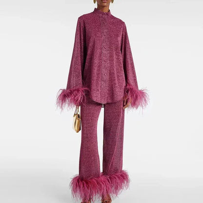 Women’s Two-Piece Set with Long Sleeve Shirt and Wide Pants with Feather Trim - 1
