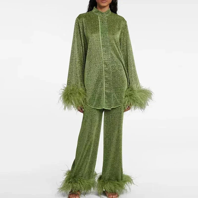 Women’s Two-Piece Set with Long Sleeve Shirt and Wide Pants with Feather Trim - 4