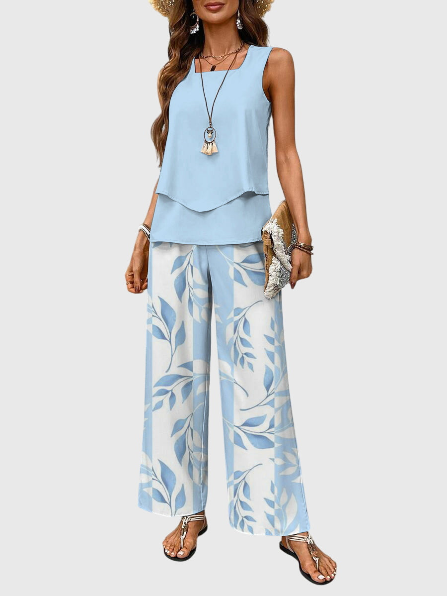 Femme Ensemble Deux Pièces Sans Manches avec Encolure Carrée et Pantalon Large