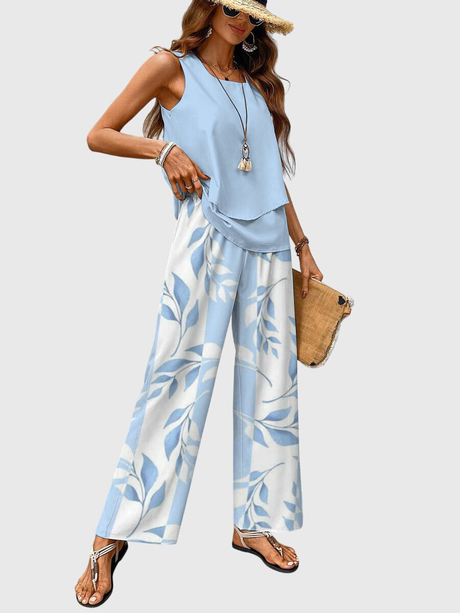 Femme Ensemble Deux Pièces Sans Manches avec Encolure Carrée et Pantalon Large