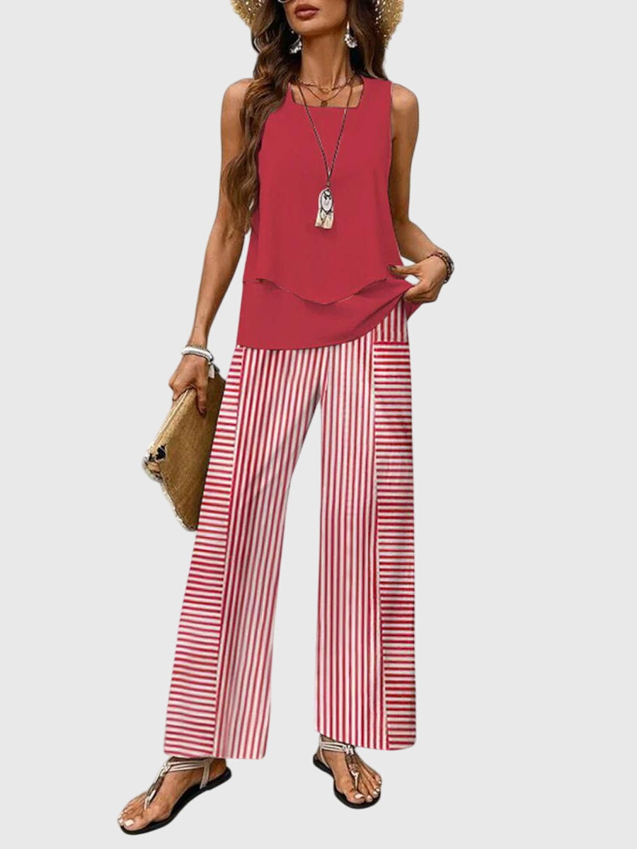 Femme Ensemble Deux Pièces Sans Manches avec Encolure Carrée et Pantalon Large