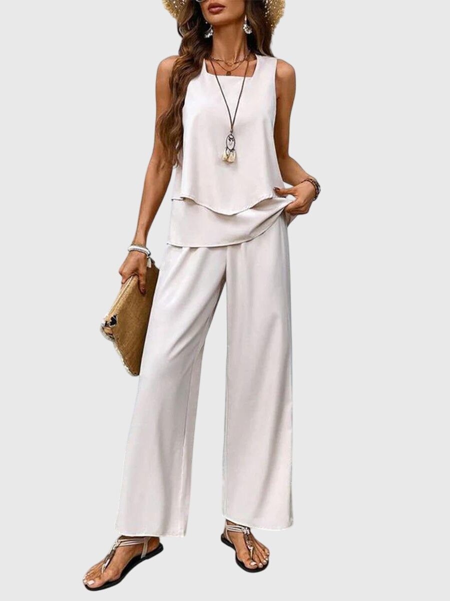 Femme Ensemble Deux Pièces Sans Manches avec Encolure Carrée et Pantalon Large