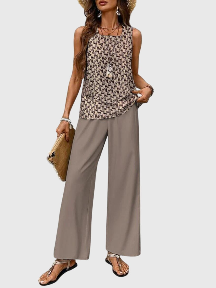 Femme Ensemble Deux Pièces Sans Manches avec Encolure Carrée et Pantalon Large