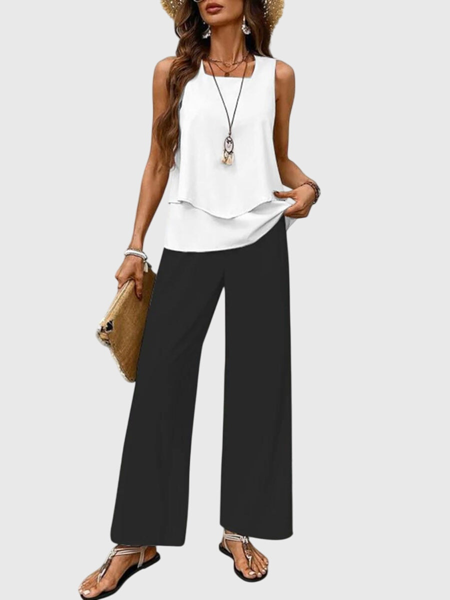 Femme Ensemble Deux Pièces Sans Manches avec Encolure Carrée et Pantalon Large