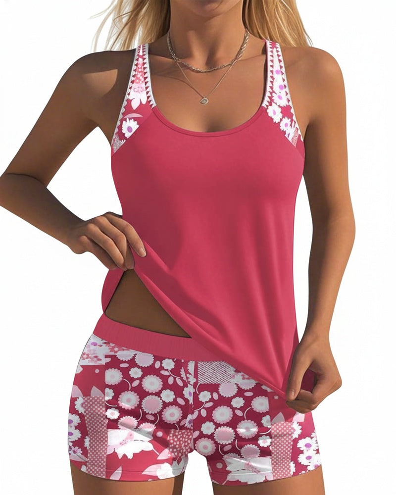 Femme Maillot de Bain Deux Pièces Tankini avec Short et Imprimé Floral