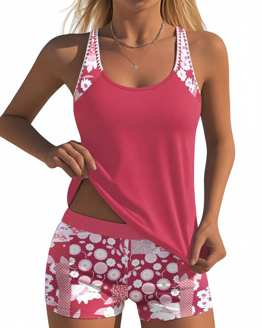 Women's Two-Piece Tankini Swimsuit with Shorts and Floral Print - 1
