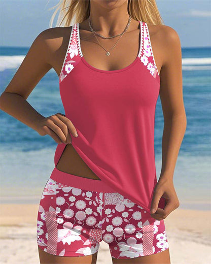 Femme Maillot de Bain Deux Pièces Tankini avec Short et Imprimé Floral
