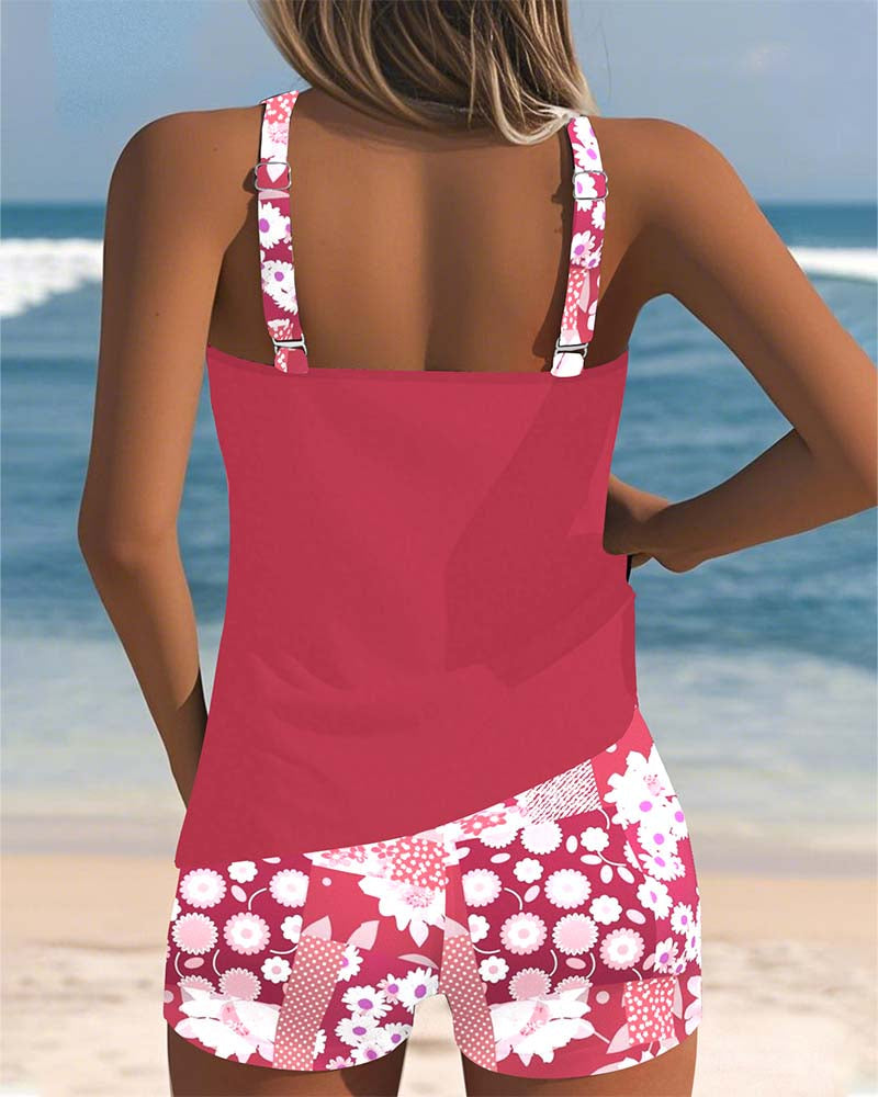 Femme Maillot de Bain Deux Pièces Tankini avec Short et Imprimé Floral