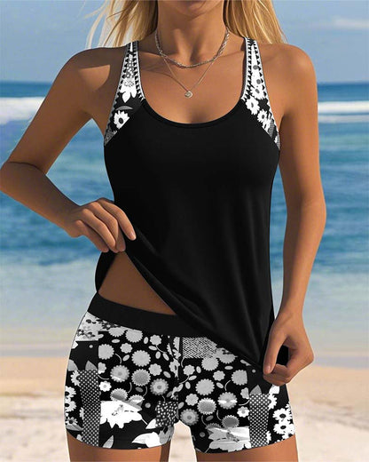 Femme Maillot de Bain Deux Pièces Tankini avec Short et Imprimé Floral