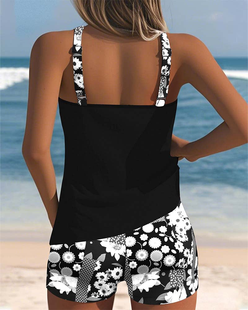 Femme Maillot de Bain Deux Pièces Tankini avec Short et Imprimé Floral