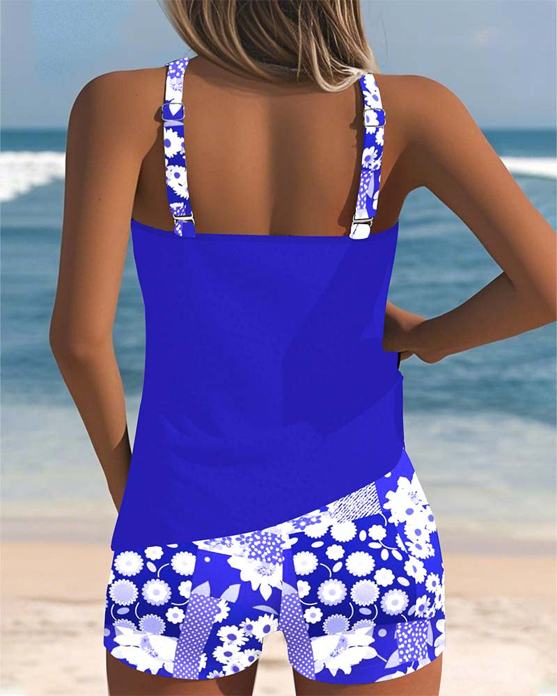 Femme Maillot de Bain Deux Pièces Tankini avec Short et Imprimé Floral