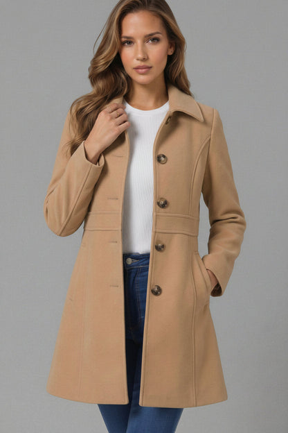Women's Classic Coat with Shirt Collar and A-Line Silhouette with Buttons - 11