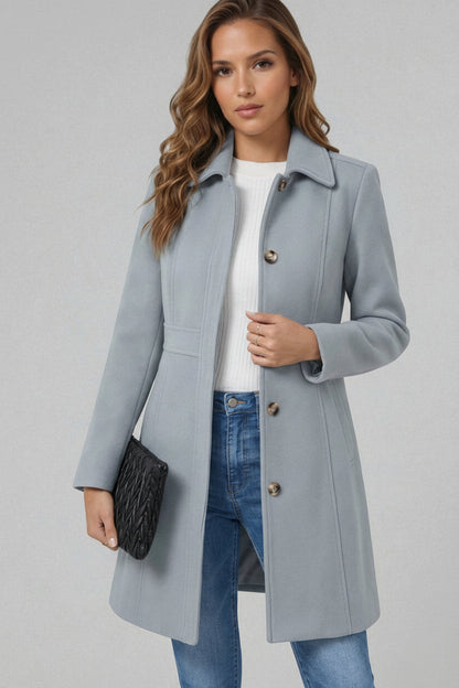 Women's Classic Coat with Shirt Collar and A-Line Silhouette with Buttons - 5