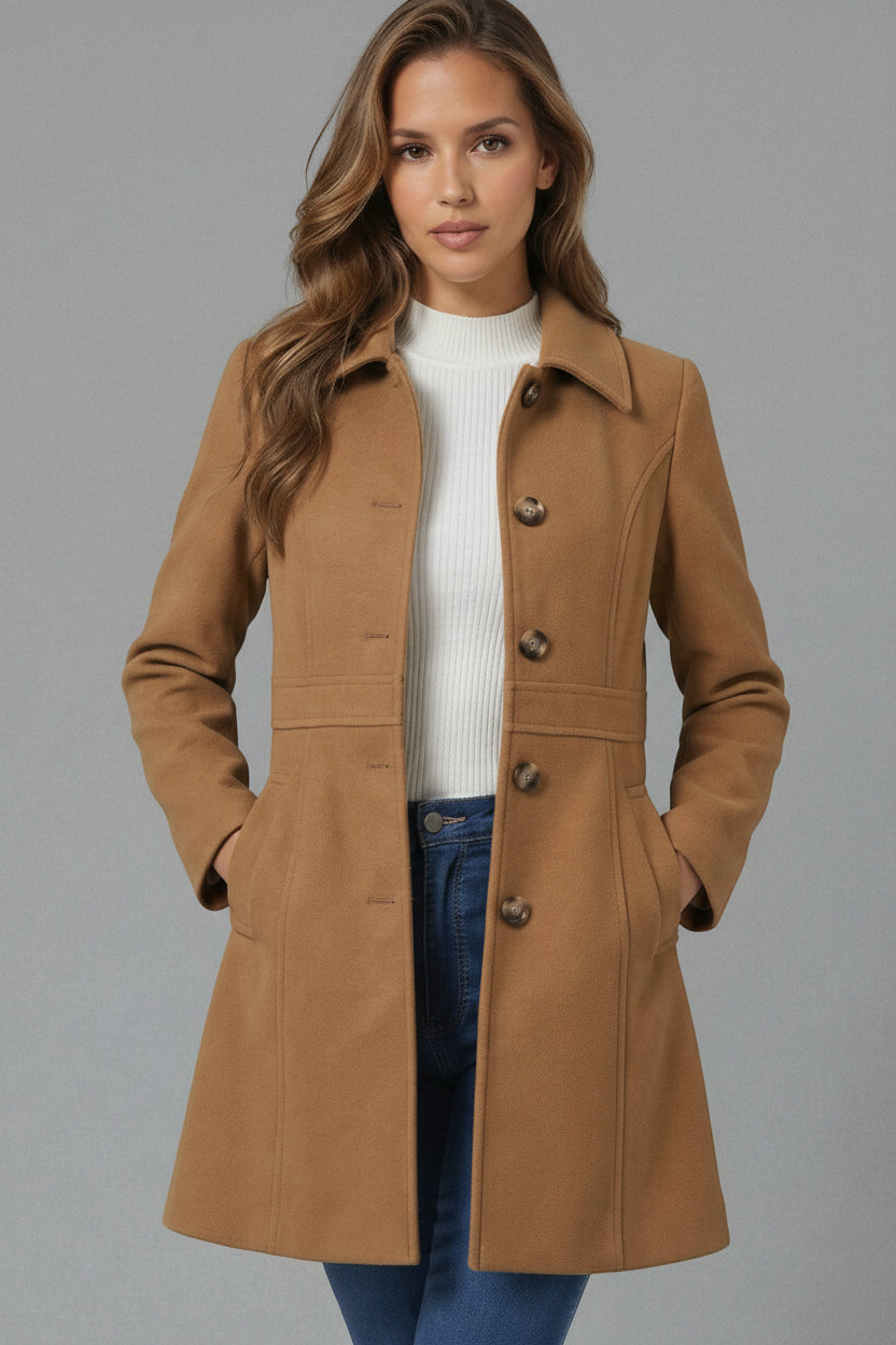 Women's Classic Coat with Shirt Collar and A-Line Silhouette with Buttons - 6