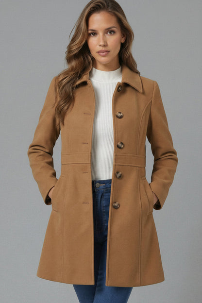 Women's Classic Coat with Shirt Collar and A-Line Silhouette with Buttons - 6