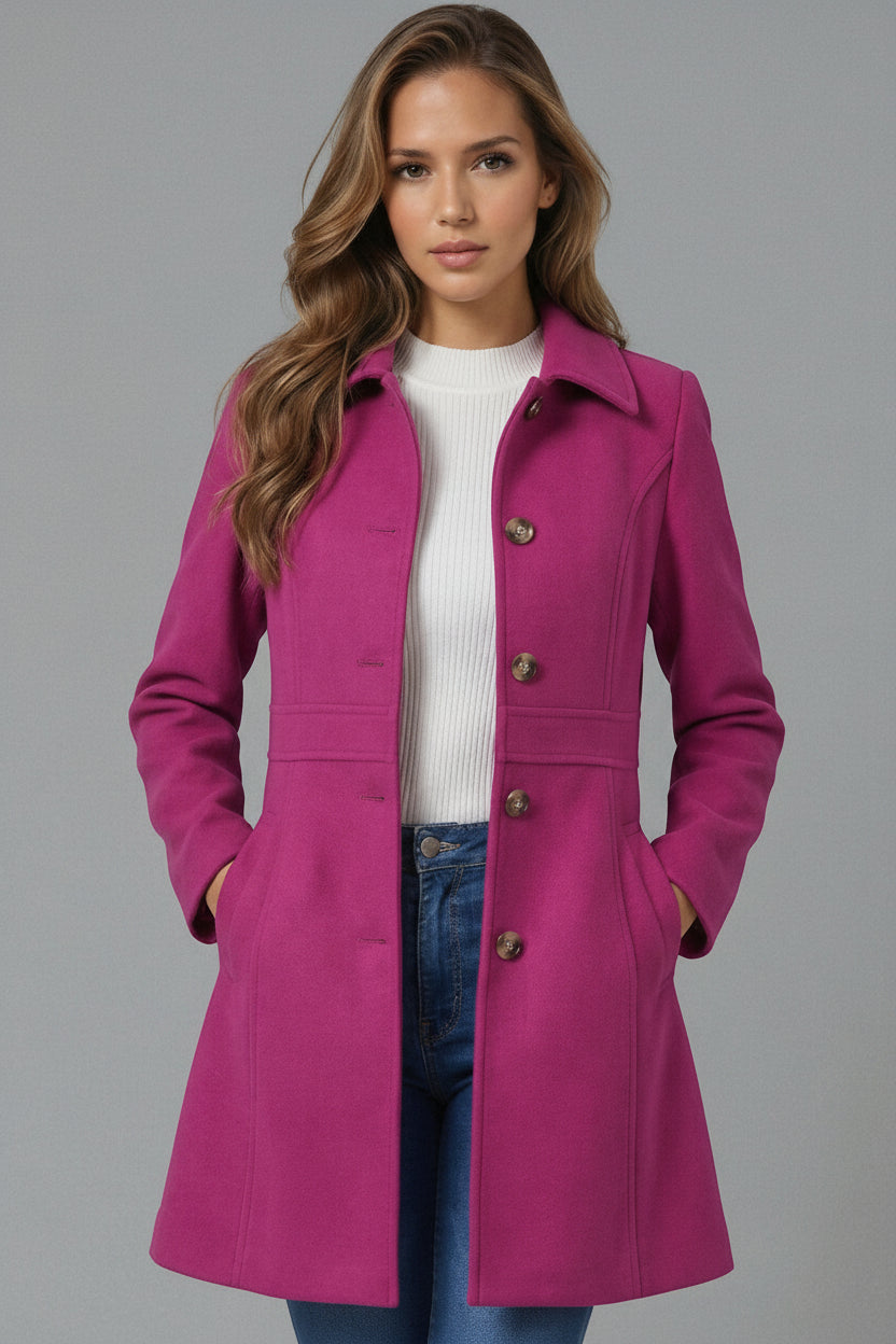 Women's Classic Coat with Shirt Collar and A-Line Silhouette with Buttons - 7