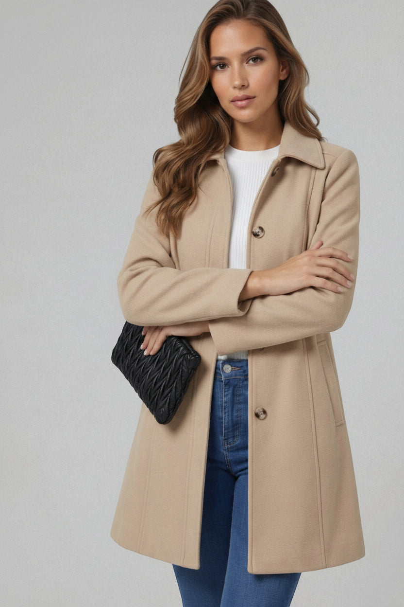 Women's Classic Coat with Shirt Collar and A-Line Silhouette with Buttons - 8