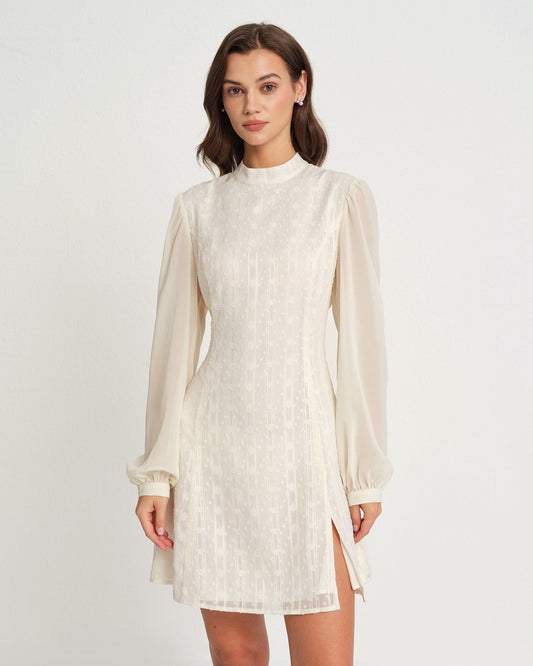 Femme Mini Robe Col Montant Manches Longues à Manches Bouffantes et Fente