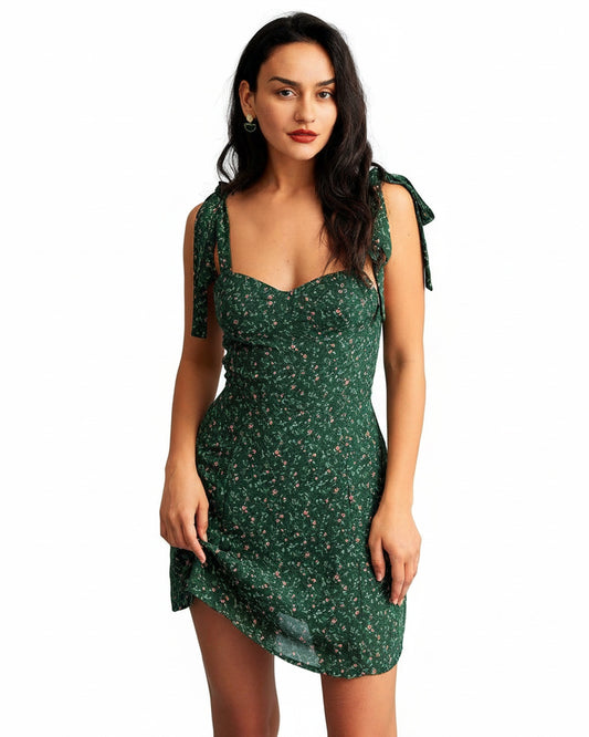 Femme Mini Robe sans Manches à Imprimé Floral avec Encolure Cœur et Silhouette A-line