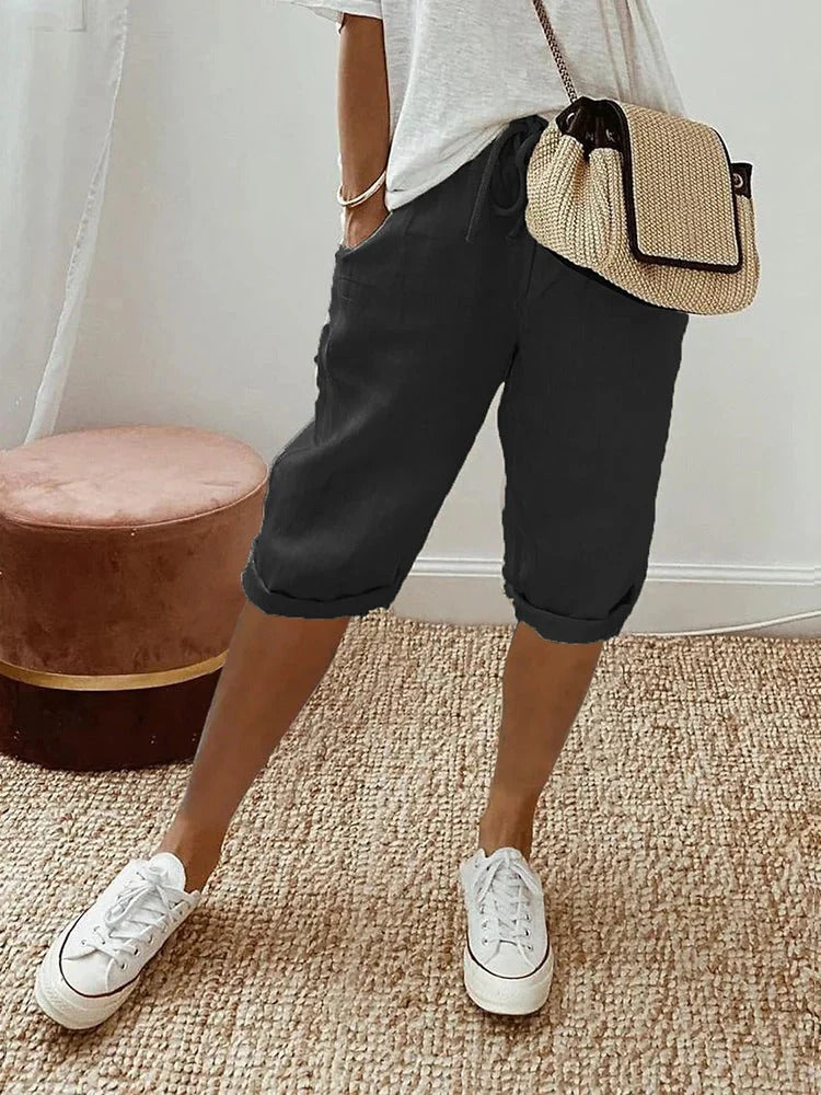 Women's Cropped Pants with Elastic Waist, Side Pockets, and Cuffed Hem - 2