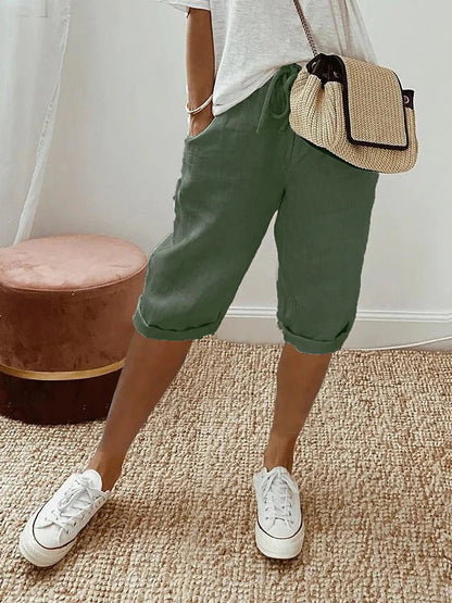 Women's Cropped Pants with Elastic Waist, Side Pockets, and Cuffed Hem - 4