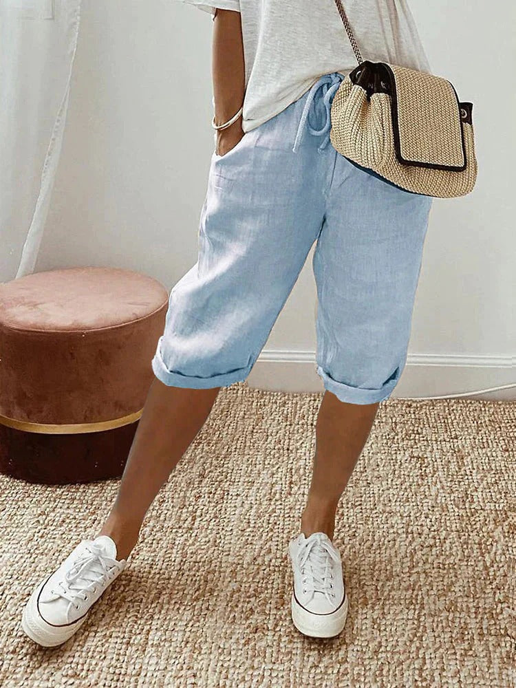 Women's Cropped Pants with Elastic Waist, Side Pockets, and Cuffed Hem - 5