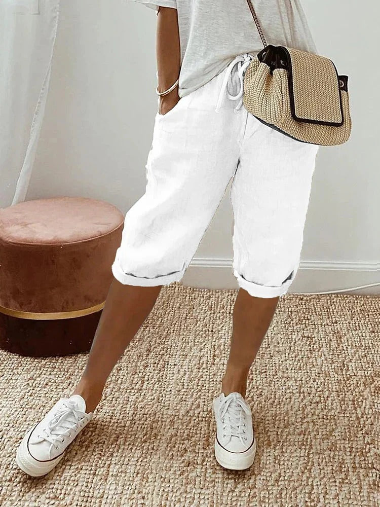 Women's Cropped Pants with Elastic Waist, Side Pockets, and Cuffed Hem - 6