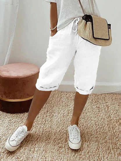 Women's Cropped Pants with Elastic Waist, Side Pockets, and Cuffed Hem - 6