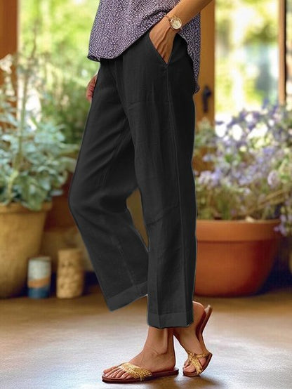 Women's Straight Pants with Elastic Waist and Pockets - 3