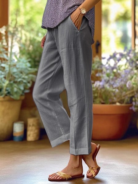 Femme Pantalon Droit Taille Élastique avec Poches