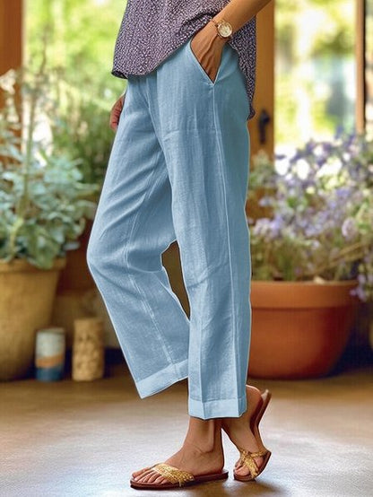 Women's Straight Pants with Elastic Waist and Pockets - 5