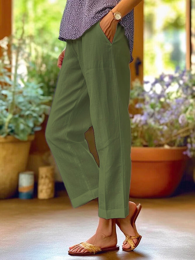 Femme Pantalon Droit Taille Élastique avec Poches