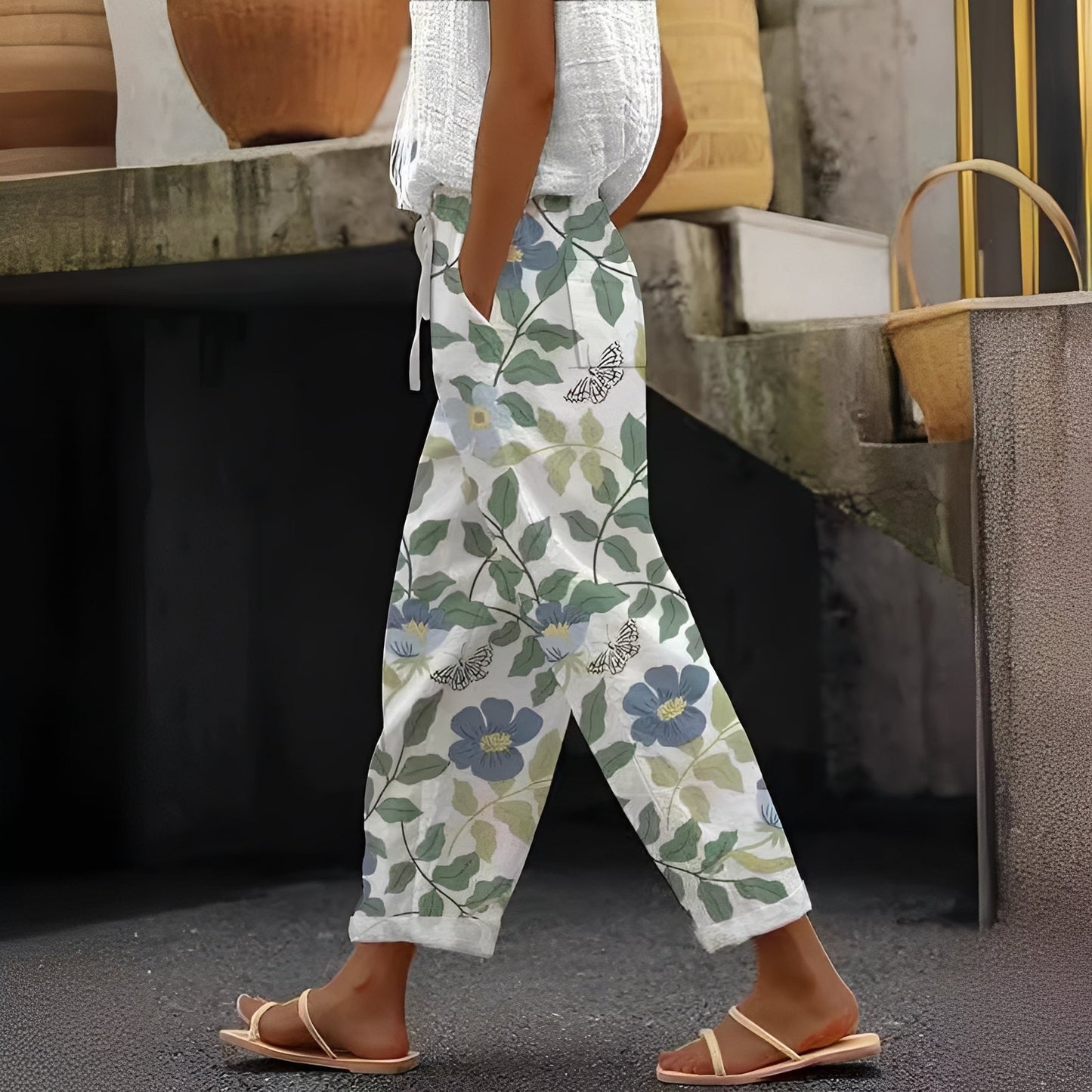 Femme Pantalon Large à Imprimé Floral avec Poches et Taille Élastique