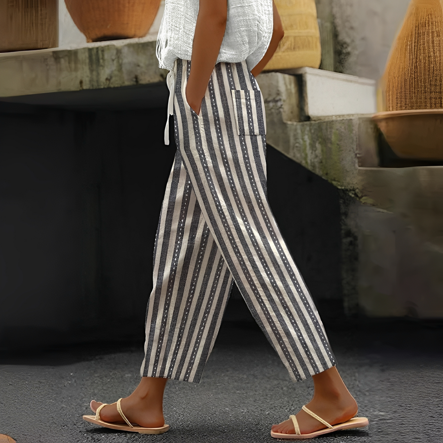 Femme Pantalon Large à Imprimé Floral avec Poches et Taille Élastique
