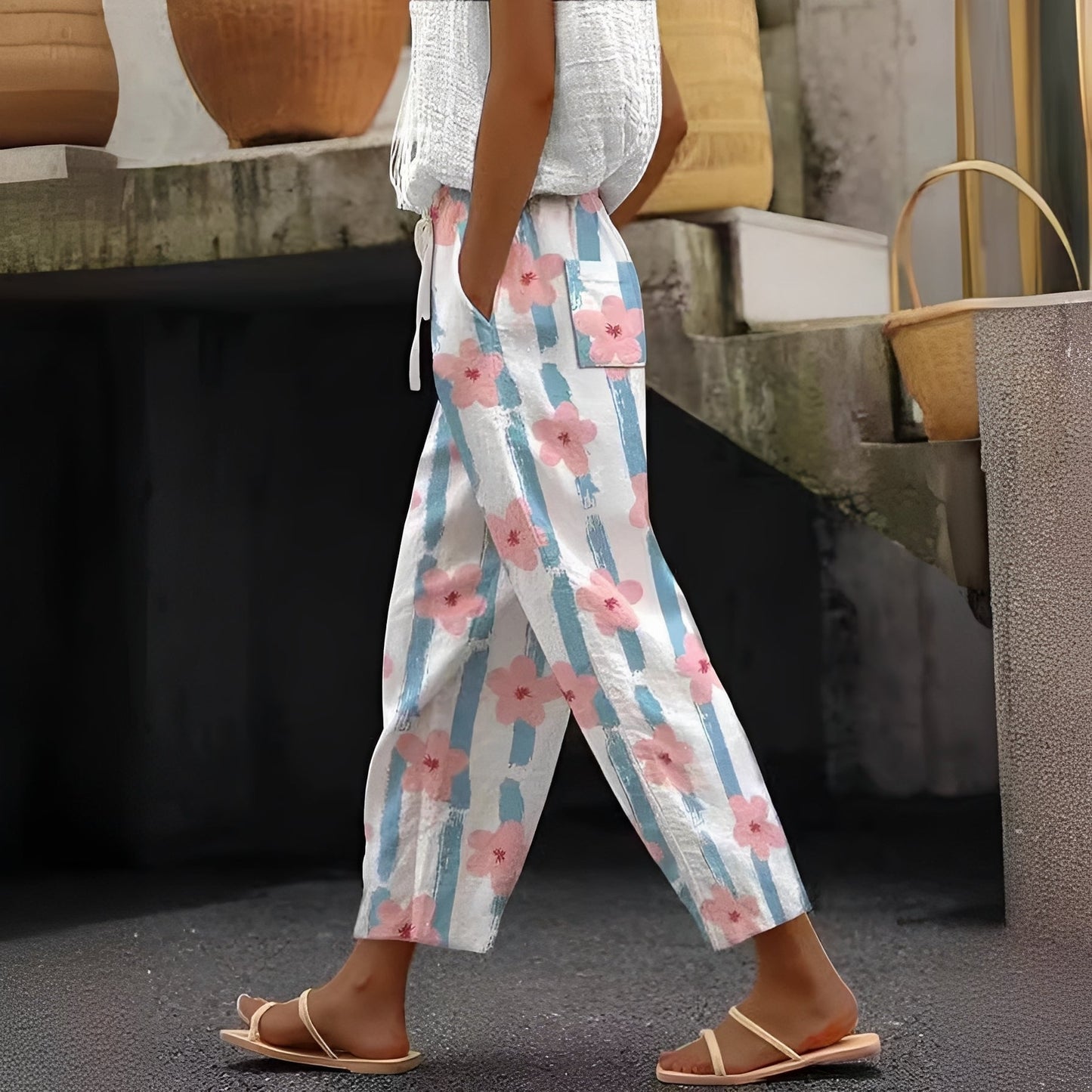 Femme Pantalon Large à Imprimé Floral avec Poches et Taille Élastique