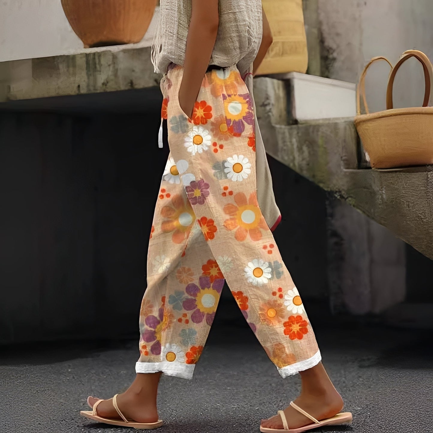 Femme Pantalon Large à Imprimé Floral avec Poches et Taille Élastique