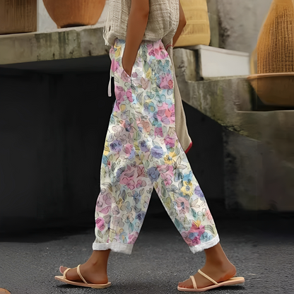 Women's Wide Leg Pants with Floral Print, Pockets, and Elastic Waist - 7