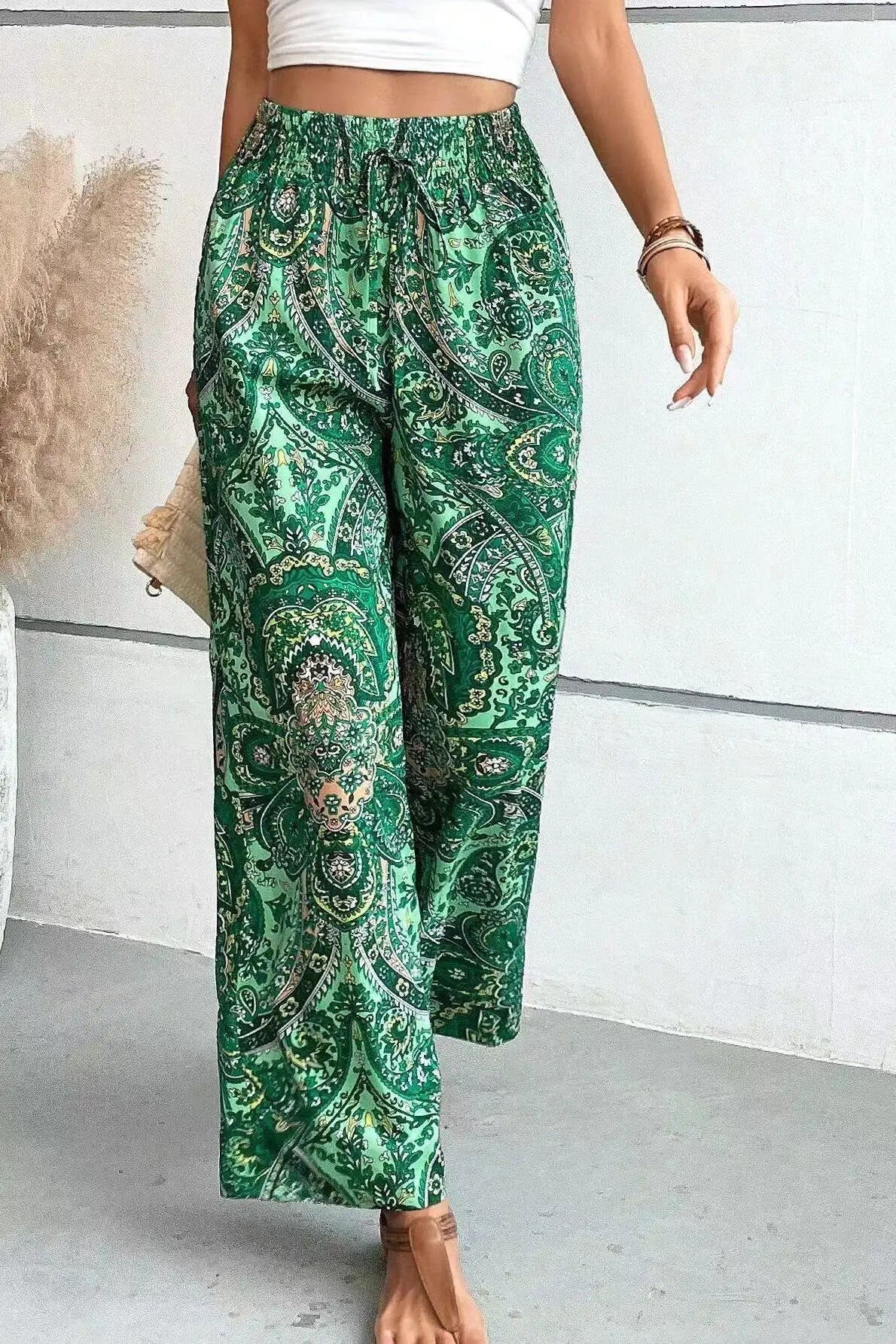 Femme Pantalon Large Boho à Motif Paisley et Taille Élastique