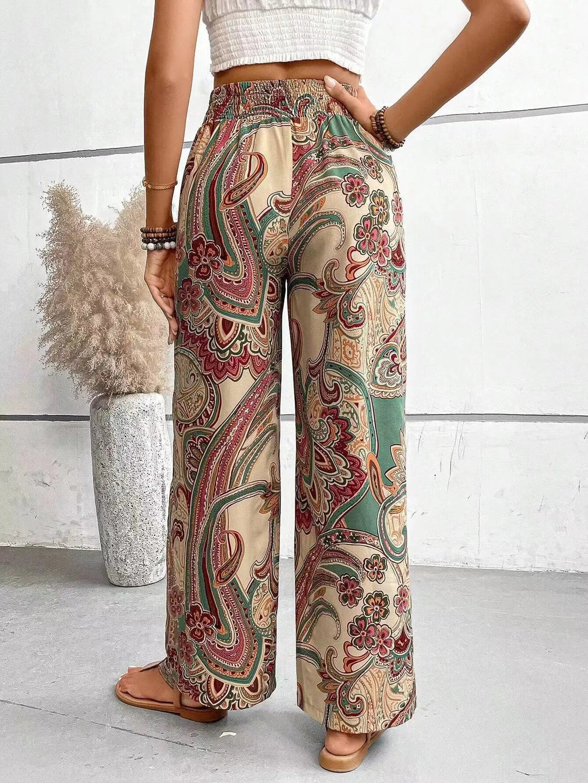 Women's Boho Wide Leg Pants with Paisley Pattern and Elastic Waist - 2