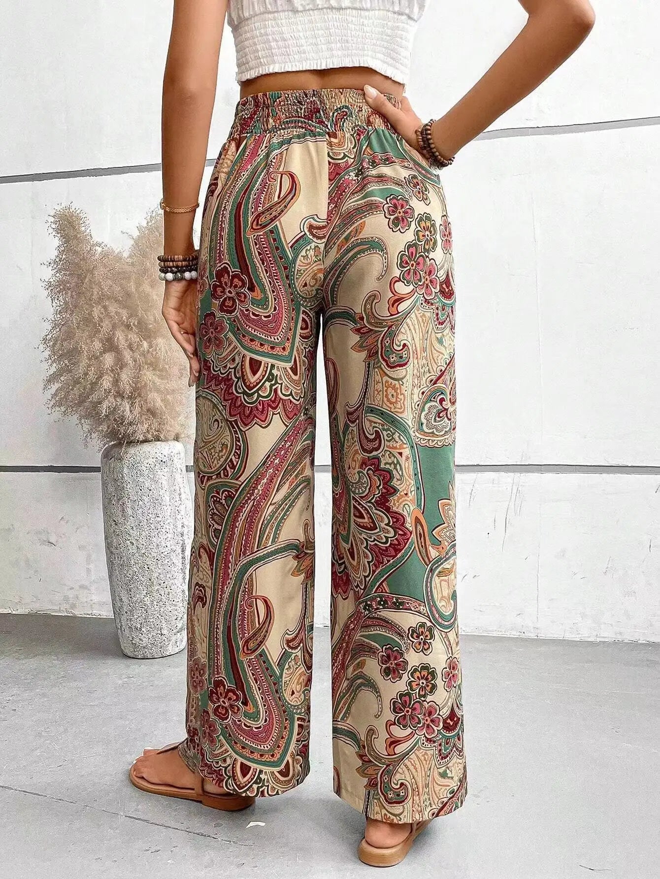 Femme Pantalon Large Boho à Motif Paisley et Taille Élastique