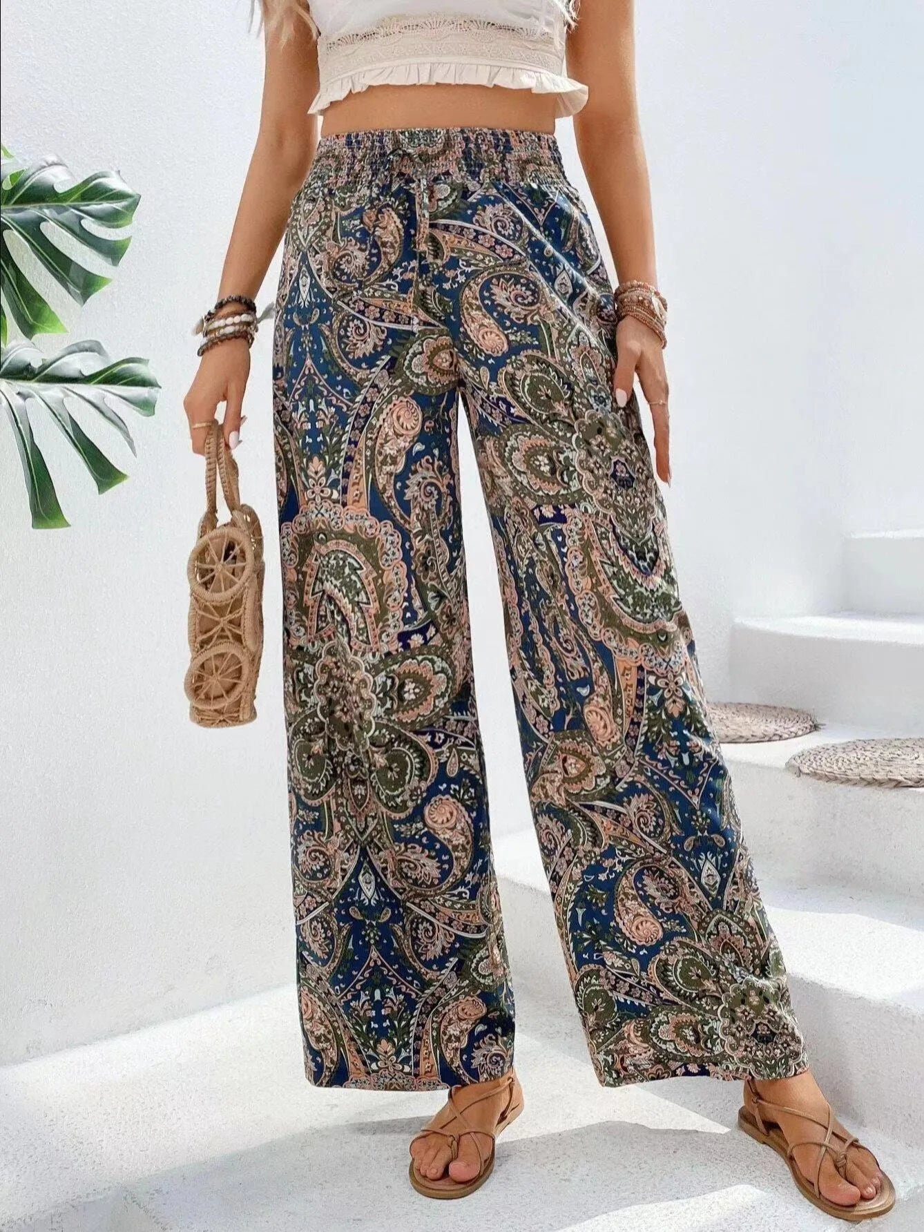 Femme Pantalon Large Boho à Motif Paisley et Taille Élastique