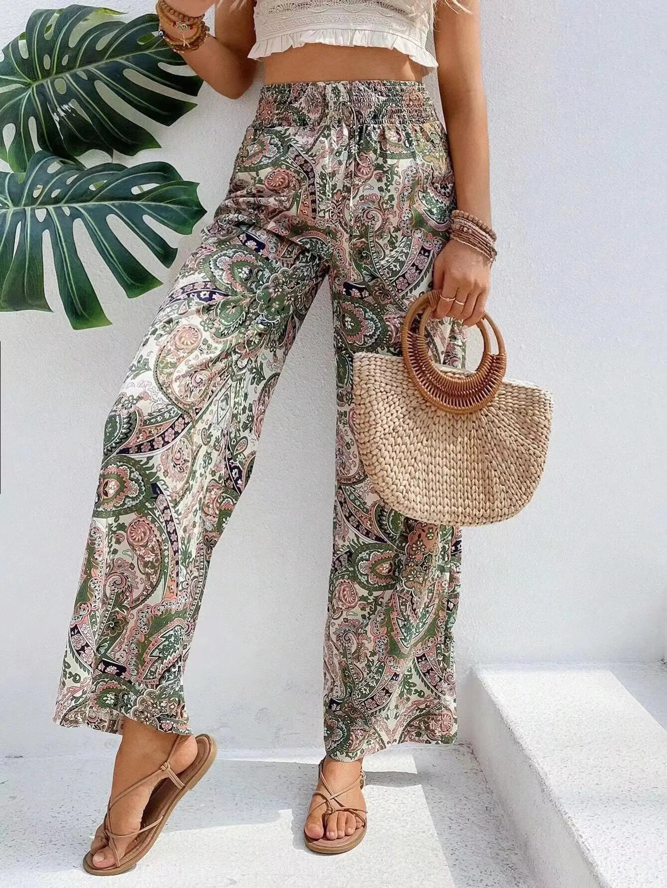 Women's Boho Wide Leg Pants with Paisley Pattern and Elastic Waist - 4